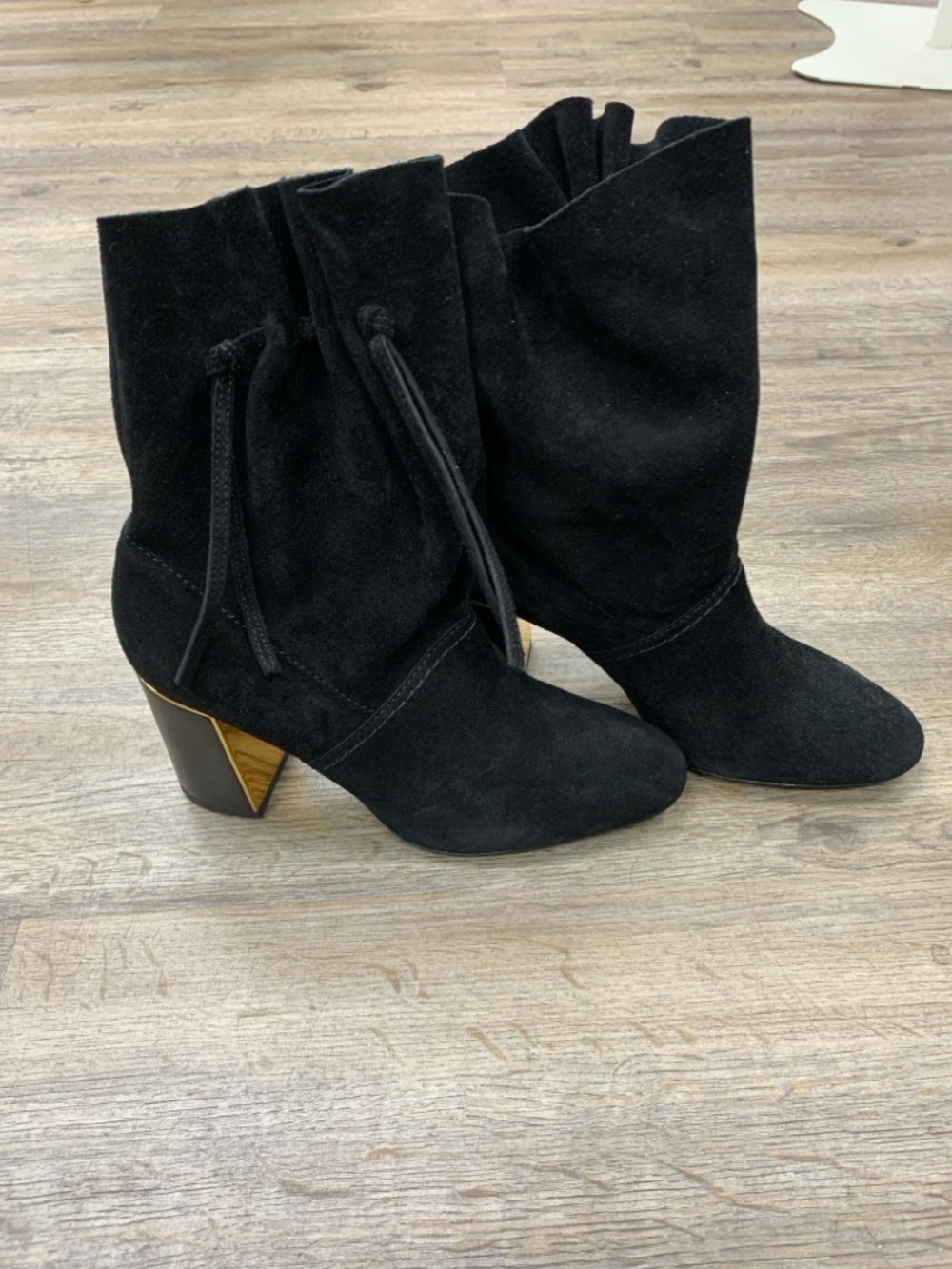 Tory Burch Black Suede Slouchy Mid-Calf Heeled Boots with Gold Accent
